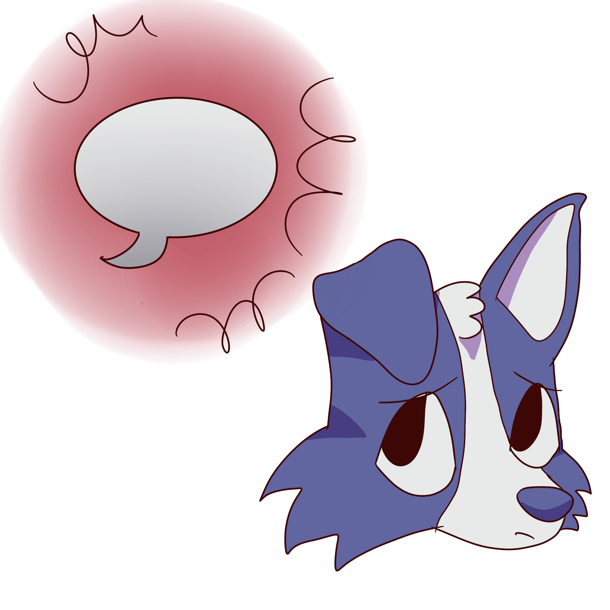 a blue dog looking worried at red circle with speech bubble in it